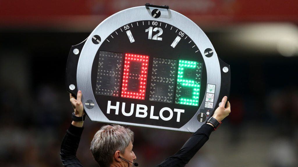 NICE, FRANCE - JUNE 22: Fourth Official Jana Adamkova uses the Hublot LED board to indicate a substitution during the 2019 FIFA Women's World Cup France Round Of 16 match between Norway and Australia at Stade de Nice on June 22, 2019 in Nice, France. (Photo by Hannah Peters - FIFA/FIFA via Getty Images)