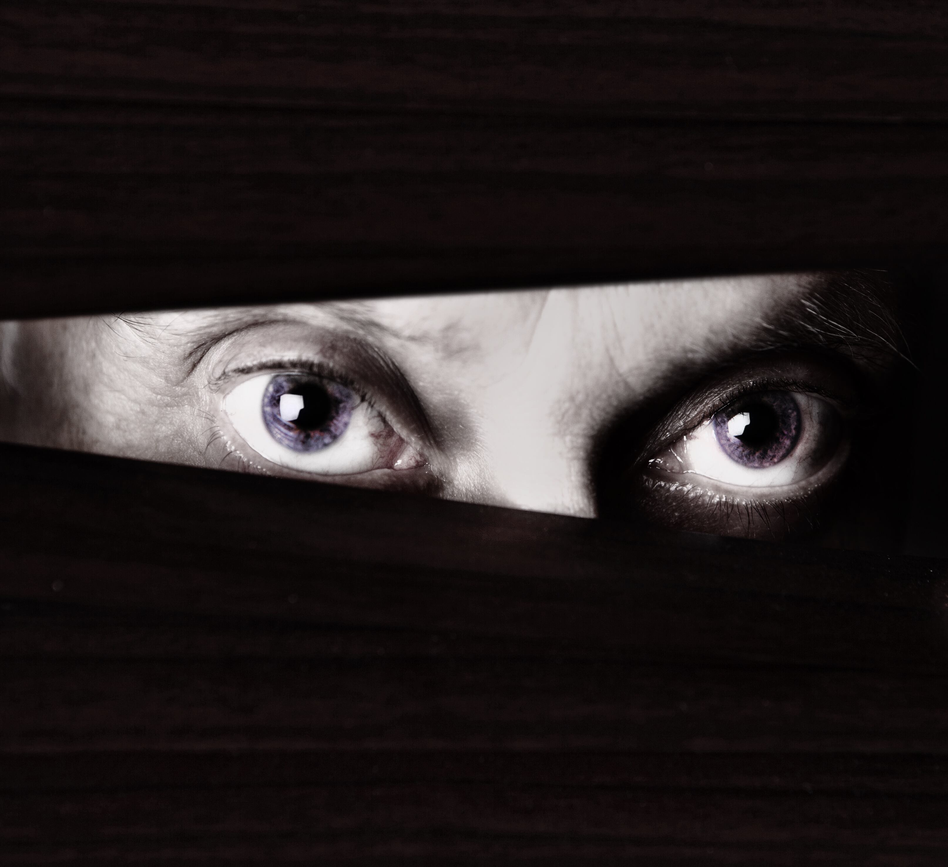 Black and white close up of sinister-looking male eyes looking suspiciously through the slats of a closed venetian blind. Could be a criminal or a stalker or a watchful home owner. Ample copy space on the dark blind.