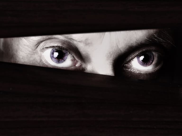 Black and white close up of sinister-looking male eyes looking suspiciously through the slats of a closed venetian blind. Could be a criminal or a stalker or a watchful home owner. Ample copy space on the dark blind.