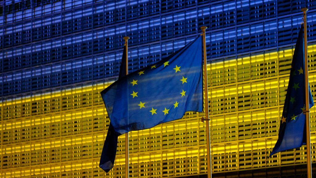 BRUSSELS, BELGIUM - MAY 8: The Berlaymont, the EU Commission headquarter is lighted in Blue and Yellow, the colors of the Ukrainan Flag on May 8, 2022, in Brussels, Belgium. According to American intelligence, May 9 marks a deadline for the Russian president, Vladimir Putin who intends to declare a victory or significant progress on the Ukrainian front. (Photo by Thierry Monasse/Getty Images)