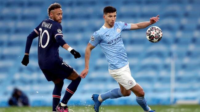 MANCHESTER, ENGLAND - MAY 04: Ruben Dias of Manchester City is challenged by Neymar of Paris Saint-Germain during the UEFA Champions League Semi Final Second Leg match between Manchester City and Paris Saint-Germain at Etihad Stadium on May 04, 2021 in Manchester, England. Sporting stadiums around the UK remain under strict restrictions due to the Coronavirus Pandemic as Government social distancing laws prohibit fans inside venues resulting in games being played behind closed doors. (Photo by Jan Kruger - UEFA/UEFA via Getty Images)