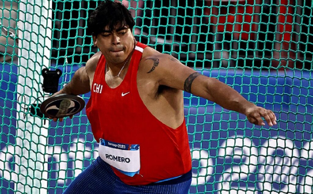 Chile's Lucas Nervi Schmidt celebrates after winning the men's discus throw final of the Pan American Games Santiago 2023 at the National Stadium in Santiago, on October 30, 2023. (Photo by MARTIN BERNETTI / AFP) (Photo by MARTIN BERNETTI/AFP via Getty Images)