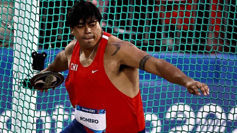 Chile's Lucas Nervi Schmidt celebrates after winning the men's discus throw final of the Pan American Games Santiago 2023 at the National Stadium in Santiago, on October 30, 2023. (Photo by MARTIN BERNETTI / AFP) (Photo by MARTIN BERNETTI/AFP via Getty Images)