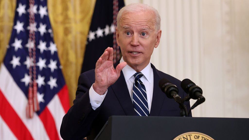 WASHINGTON, DC - MARCH 25: U.S. President Joe Biden talks to reporters during the first news conference of his presidency in the East Room of the White House on March 25, 2021 in Washington, DC. On the 64th day of his administration, Biden, 78, faced questions about the coronavirus pandemic, immigration, gun control and other subjects. (Photo by Chip Somodevilla/Getty Images)