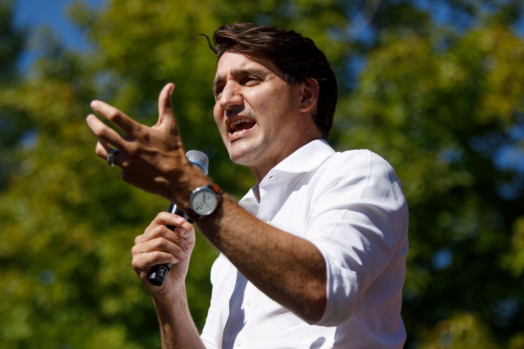 Justin Trudeau del Partido Liberal en un discurso durante su campaña