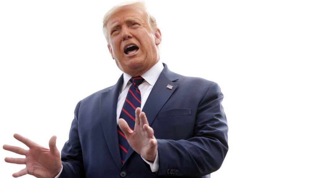 WASHINGTON, DC - SEPTEMBER 15:  U.S. President Donald Trump speaks to members of the press prior to his departure from the White House September 15, 2020 in Washington, DC. President Trump was traveling to Philadelphia to participate in an ABC News town hall event.  (Photo by Alex Wong/Getty Images)