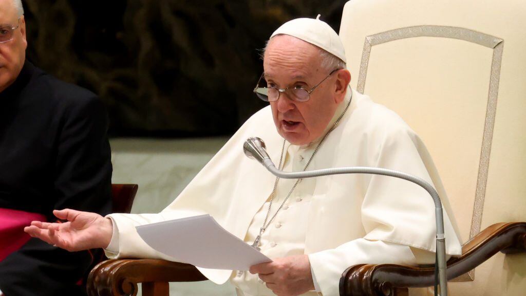 VATICAN CITY, VATICAN - MARCH 23: Pope Francis attends his weekly general audience at the Paul VI Hall on March 23, 2022 in Vatican City, Vatican. Addressing the Italian Parliament via video link on Tuesday morning, Ukrainian President, Volodymyr Zelensky referred to a telephone conversation he had with Pope Francis, whom he said, had very important words. The conversation took place as the war, defined by the Pope on Sunday as “inhuman” and “sacrilegious” continues to escalate. (Photo by Franco Origlia/Getty Images)