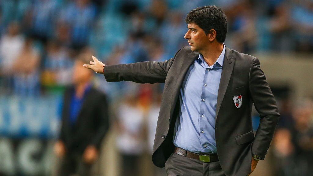PORTO ALEGRE, BRAZIL - OCTOBER 30: Matias Biscay assistant coach of River Plate gestures during the match between Gremio and River Plate, part of Copa Conmebol Libertadores 2018, at Arena do Gremio on October 30, 2018, in Porto Alegre, Brazil. (Photo by Lucas Uebel/Getty Images)