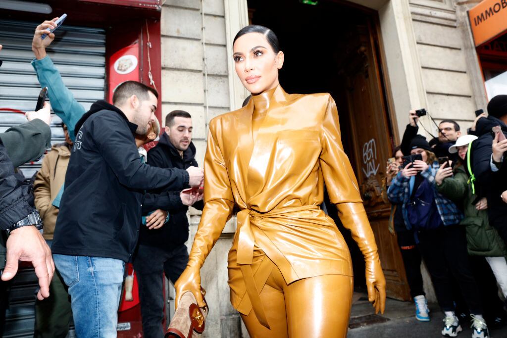 Kourtney Kardashian, daughter Penelope Disick, Kanye West, Kim Kardashian and daughter North West at Theatre des Bouffes du Nord to attend Kanye West's Sunday Service on March 01, 2020 in Paris, France. (Photo by Mehdi Taamallah/NurPhoto via Getty Images)