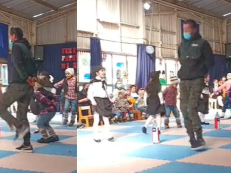 Sacó aplausos: papá acompaña a su hija que estaba bailando sola «El Costillar» en acto de Fiestas Patrias