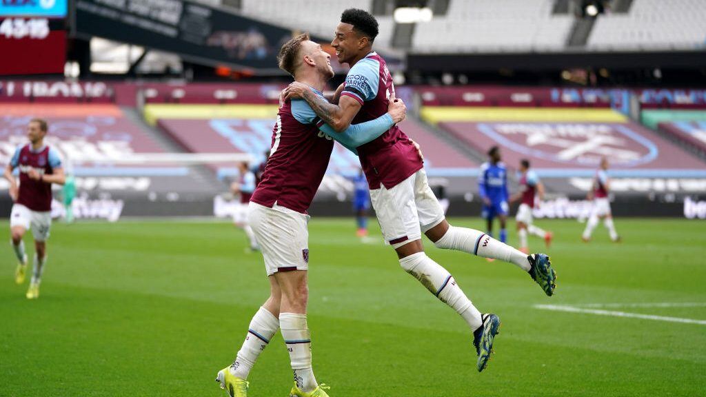 West Ham United's Jesse Lingard (right) celebrates scoring their side's second goal of the game during the Premier League match at the London Stadium, London. Picture date: Sunday April 11, 2021. (Photo by John Walton/PA Images via Getty Images)