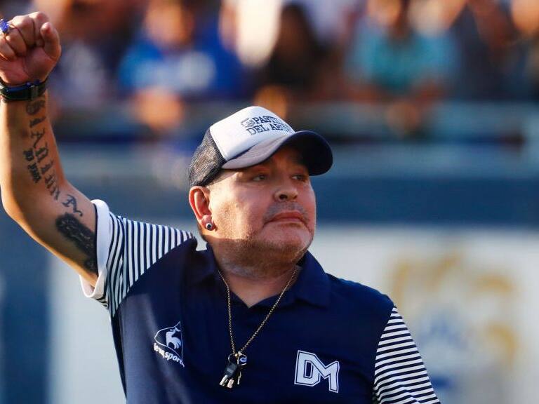 LA PLATA, ARGENTINA - FEBRUARY 29: Diego Armando Maradona head coach of Gimnasia y Esgrima La Plata gestures to supporters during a match between Gimnasia y Esgrima La Plata and Atletico Tucuman as part of Superliga 2019/20 at Estadio Juan Carlos Zerillo on February 29, 2020 in La Plata, Argentina. (Photo by Marcos Brindicci/Getty Images)