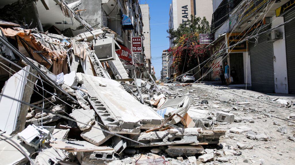Al-Walid building which was destroyed in an Israeli airstrike on Gaza city, on May 13, 2021.  (Photo by Sameh Rahmi/NurPhoto via Getty Images)
