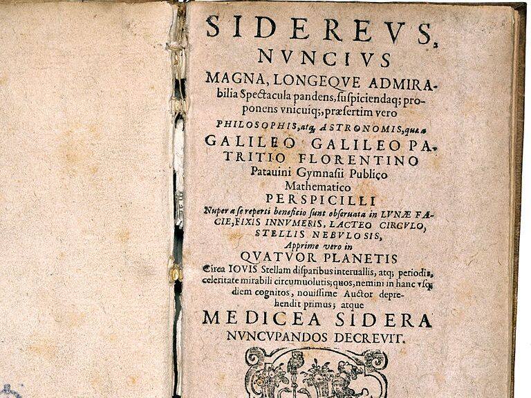 ITALY - AUGUST 16: Title page from 'Sidereus, nuncius magna' (known as 'The Starry Messenger', Venice, 1610) by Galileo Galilei (1564-1642), a book of astronomical theory and observations. Galileo was an Italian astronomer and physicist and outstanding representative of the movement which transformed medieval natural philosophy into modern science. Regarded as one of the greatest scientists of all time, Galileo discovered Jupiter's moons and the laws governing falling bodies. Although Galileo was not the inventor of the telescope, he was the first to use it successfully for astronomical observation. (Photo by SSPL/Getty Images)