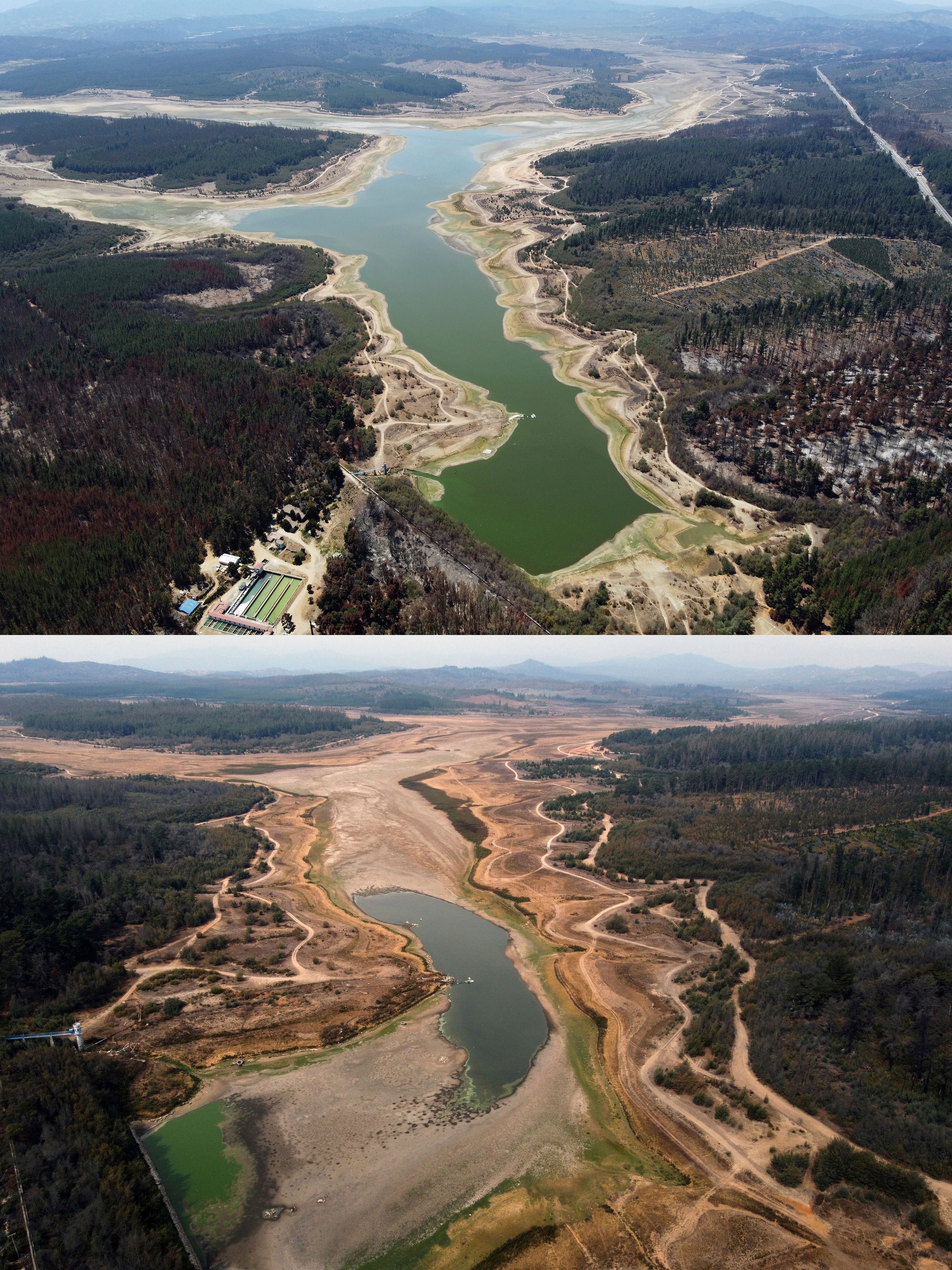 17 DE MARZO DE 2022/VALPARAISOVista aérea comparativa del Lago Peñuelas.
Arriba, del 4 de febrero de 2020.
Abajo, del 17 de marzo de 2022.