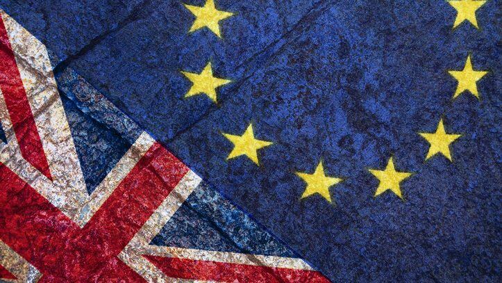 Brexit, Flags Of The United Kingdom And The European Union On Cracked Background