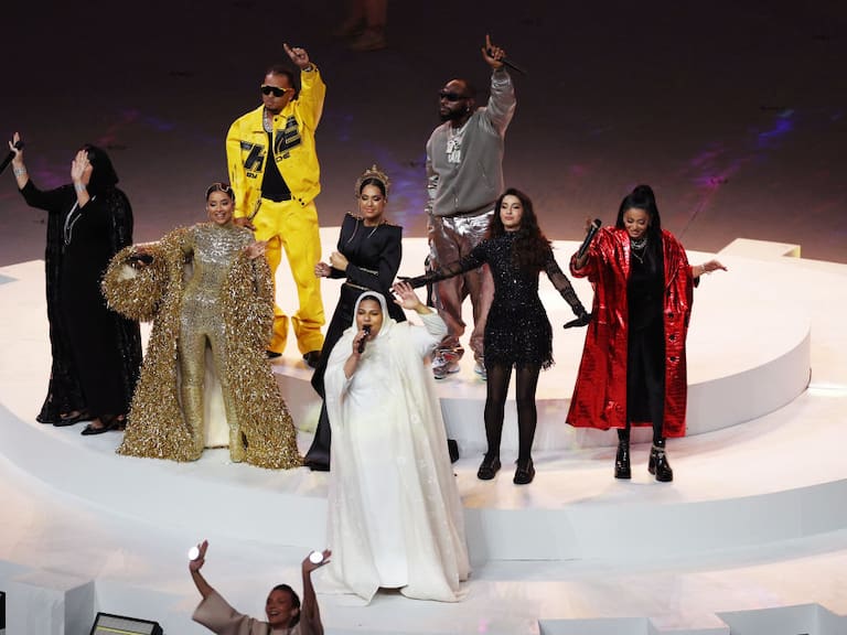 LUSAIL CITY, QATAR - DECEMBER 18: Dana, Davido, Aisha, Ozuna, Gims, Nora Fathi, Balqees, Rahma Riad and Manal perform during the closing ceremony prior to the FIFA World Cup Qatar 2022 Final match between Argentina and France at Lusail Stadium on December 18, 2022 in Lusail City, Qatar. (Photo by Richard Heathcote/Getty Images)