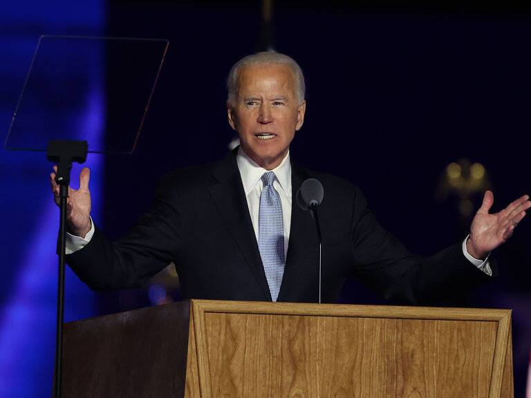 WILMINGTON, DELAWARE - NOVEMBER 07: President-elect Joe Biden addresses the nation at the Chase Center November 07, 2020 in Wilmington, Delaware. After four days of counting the high volume of mail-in ballots in key battleground states due to the coronavirus pandemic, the race was called for Biden after a contentious election battle against incumbent Republican President Donald Trump. (Photo by Tasos Katopodis/Getty Images)