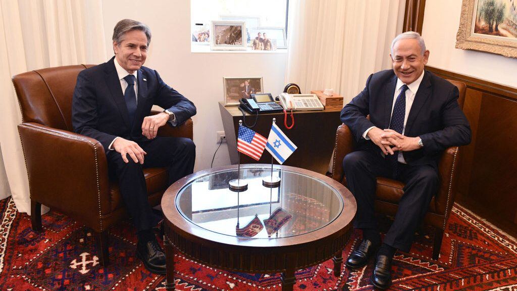 JERUSALEM, ISRAEL - MAY 25: (ISRAEL OUT) In this handout image provided by the Israeli Government Press Office, US Secretary of State Antony Blinken meets Israeli Prime Minister Benjamin Netanyahu on the first leg of his four-day trip to the Middle East, on May 25, 2021 in Jerusalem, Israel. The Secretary of State will also travel to Ramallah to meet Palestinian President Mahmoud Abbas, as well as travelling to Egypt and Jordan. (Photos by Haim Zach / GPO via Getty Images)