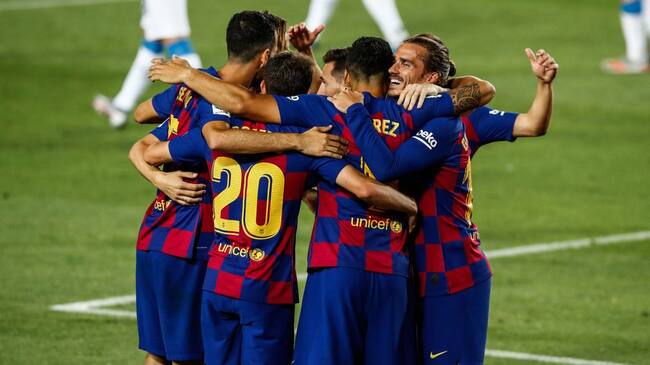 BARCELONA, SPAIN - JULY 08: Luis Suarez of FC Barcelona celebrates a goal during the Liga match between FC Barcelona and RCD Espanyol de Barcelona at Camp Nou Stadium on July 8, 2020 in Barcelona, Spain. (Photo by Xavi B. / AFP7 / Europa Press Sports via Getty Images)