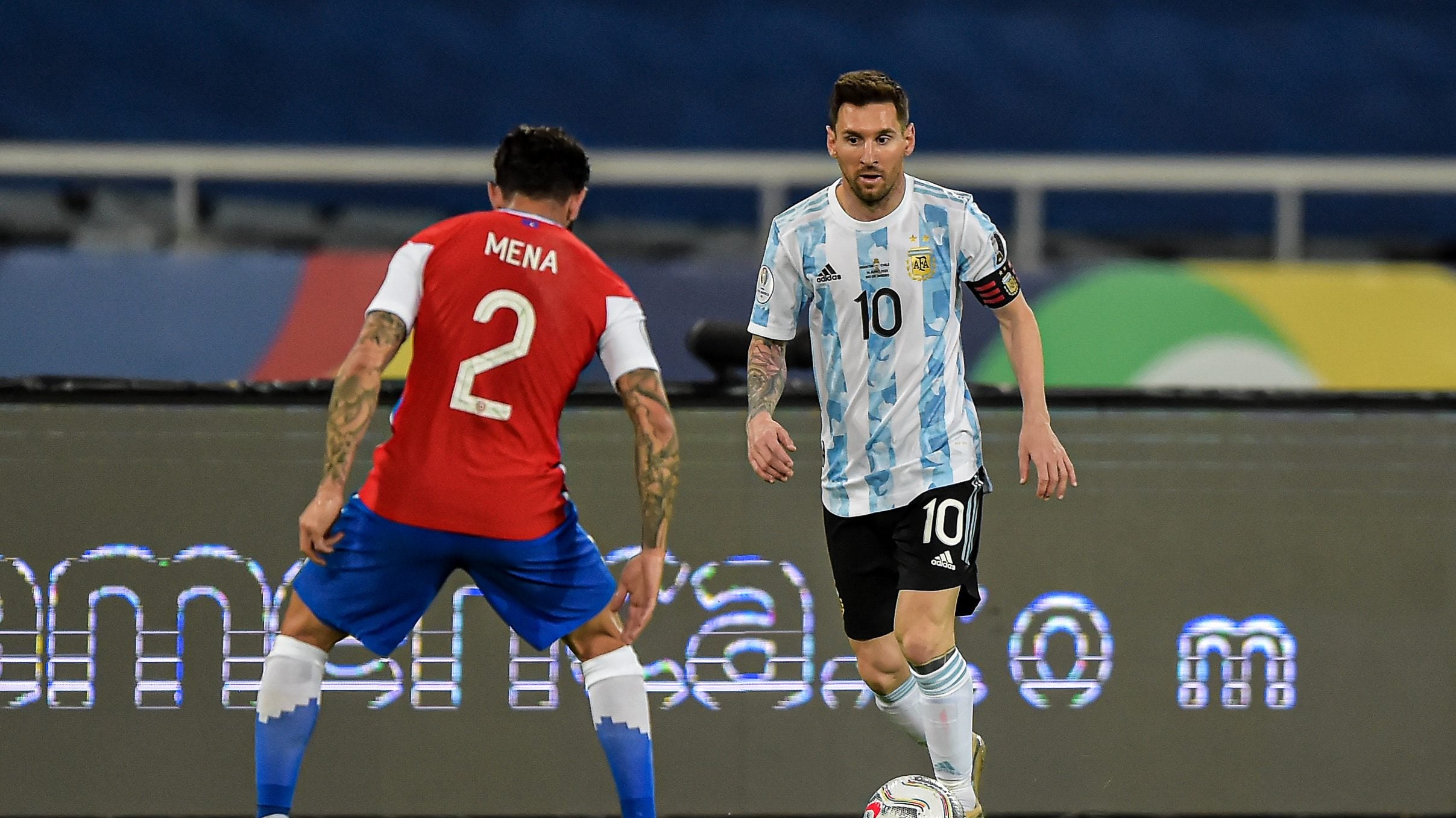 Messi Argentina player during a match against Chile at the Engenhão stadium for the Copa América 2021, on June 14, 2021 in Rio de Janeiro, Brazil.(Photo by Thiago Ribeiro/NurPhoto via Getty Images)