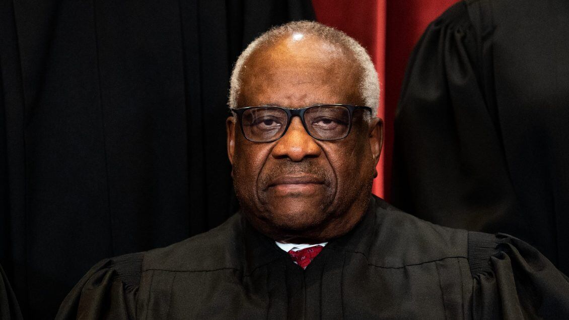 WASHINGTON, DC - APRIL 23: Associate Justice Clarence Thomas sits during a group photo of the Justices at the Supreme Court in Washington, DC on April 23, 2021. (Photo by Erin Schaff-Pool/Getty Images)