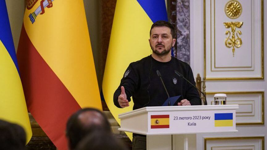 KIEV, UKRAINE - FEBRUARY 23: The President of Ukraine, Volodimir Zelenski, delivers a speech upon his arrival at the Mariinsky Palace, on 23 February, 2023 in Kiev, Ukraine. Pedro Sanchez today visited the traces left by the war in the towns of Bucha and Irpin, located on the outskirts of Kiev, during his trip to Ukraine today. This is his second trip to Ukraine in less than a year and just the day before the first anniversary of the beginning of the Russian invasion, which started on February 24, 2022. (Photo By David Melero/Europa Press via Getty Images)
