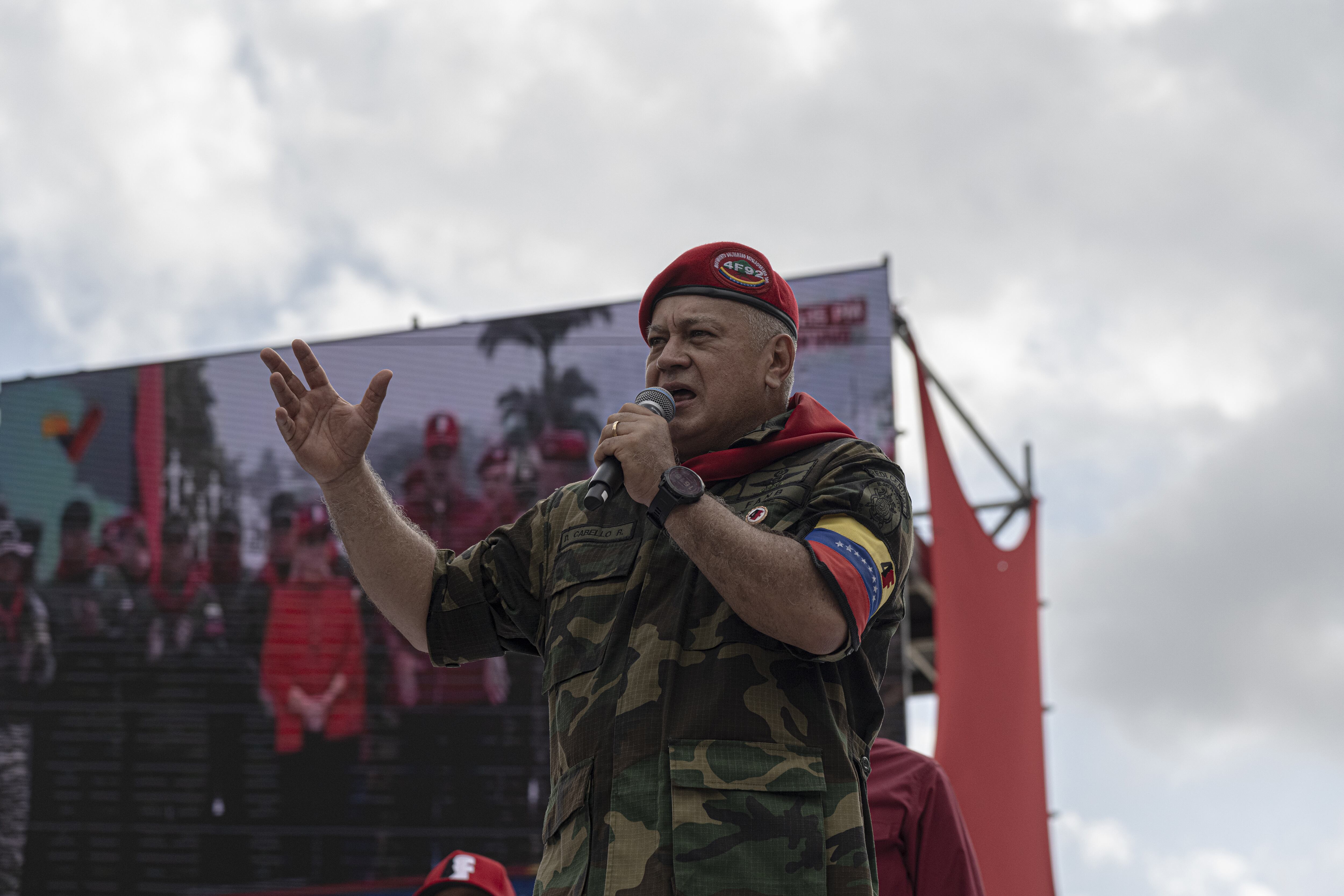 CARACAS, VENEZUELA - FEBRUARY 4: Venezuelan Minister of Interior, Justice, and Peace Diosdado Cabello gives a speech during a rally to commemorate the 33rd anniversary of Hugo Chavez's failed military coup, also known as the Day of National Dignity in Venezuela or 4-F, in Caracas on February 4, 2025. (Photo by Marcelo Perez Del Carpio/Anadolu via Getty Images)