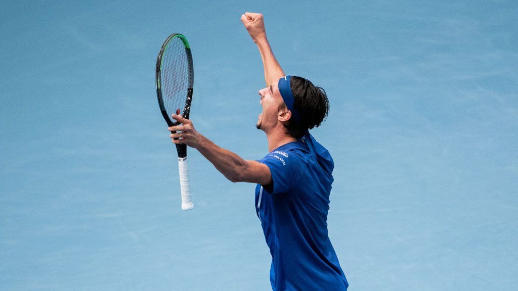 Italy's Lorenzo Sonego reacts after winning his quarter-final match against Serbia's Novak Djokovic at the ATP tennis tournament in Vienna, Austria, on October 30, 2020. (Photo by GEORG HOCHMUTH / APA / AFP) / Austria OUT (Photo by GEORG HOCHMUTH/APA/AFP via Getty Images)