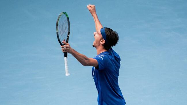 Italy's Lorenzo Sonego reacts after winning his quarter-final match against Serbia's Novak Djokovic at the ATP tennis tournament in Vienna, Austria, on October 30, 2020. (Photo by GEORG HOCHMUTH / APA / AFP) / Austria OUT (Photo by GEORG HOCHMUTH/APA/AFP via Getty Images)