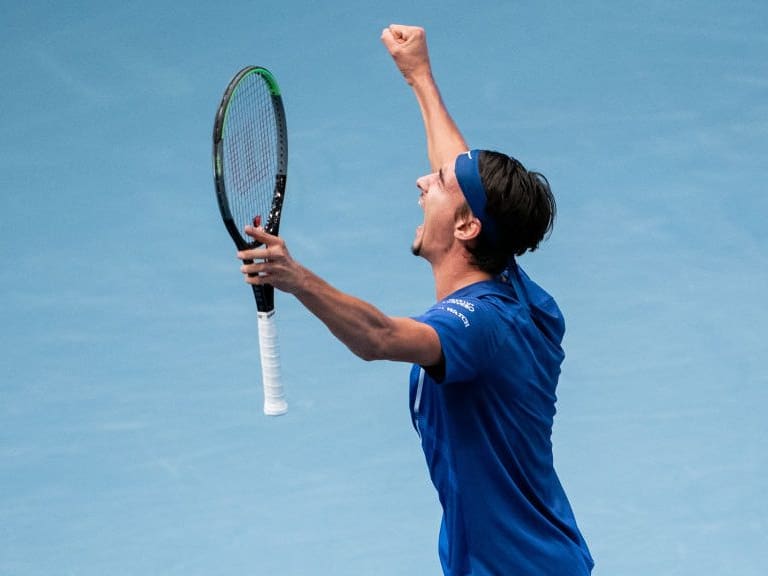 Italy&#039;s Lorenzo Sonego reacts after winning his quarter-final match against Serbia&#039;s Novak Djokovic at the ATP tennis tournament in Vienna, Austria, on October 30, 2020. (Photo by GEORG HOCHMUTH / APA / AFP) / Austria OUT (Photo by GEORG HOCHMUTH/APA/AFP via Getty Images)