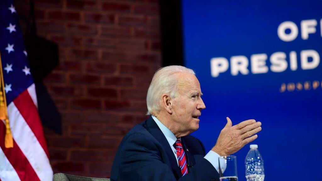 WILMINGTON, DE - NOVEMBER 23: President-elect Joe Biden speaks during a virtual meeting with the United States Conference of Mayors on November 23, 2020 in Wilmington, Delaware. As President-elect Biden waits to be approved for official national security briefings, the names of top members of his national security team are being announced to the public. Calls continue for President Trump to concede the election and let the transition proceed without further delay. (Photo by Mark Makela/Getty Images)