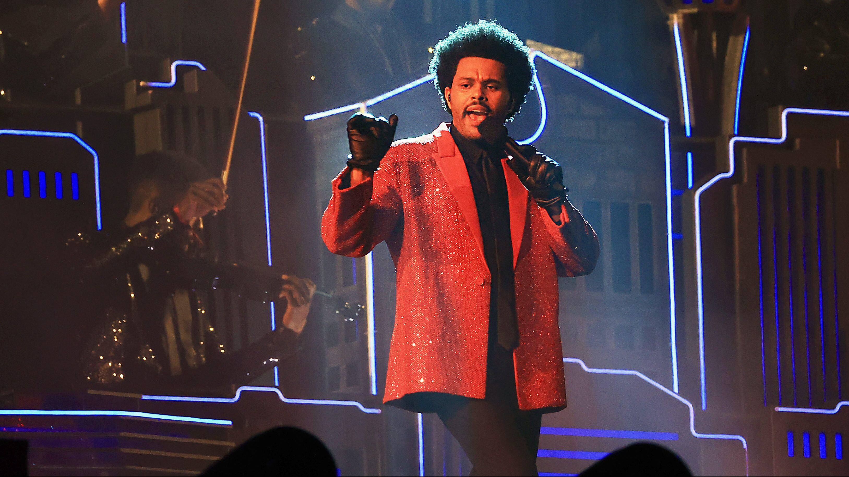 TAMPA, FLORIDA - FEBRUARY 07: The Weeknd performs during the Pepsi Super Bowl LV Halftime Show at Raymond James Stadium on February 07, 2021 in Tampa, Florida. (Photo by Mike Ehrmann/Getty Images)
