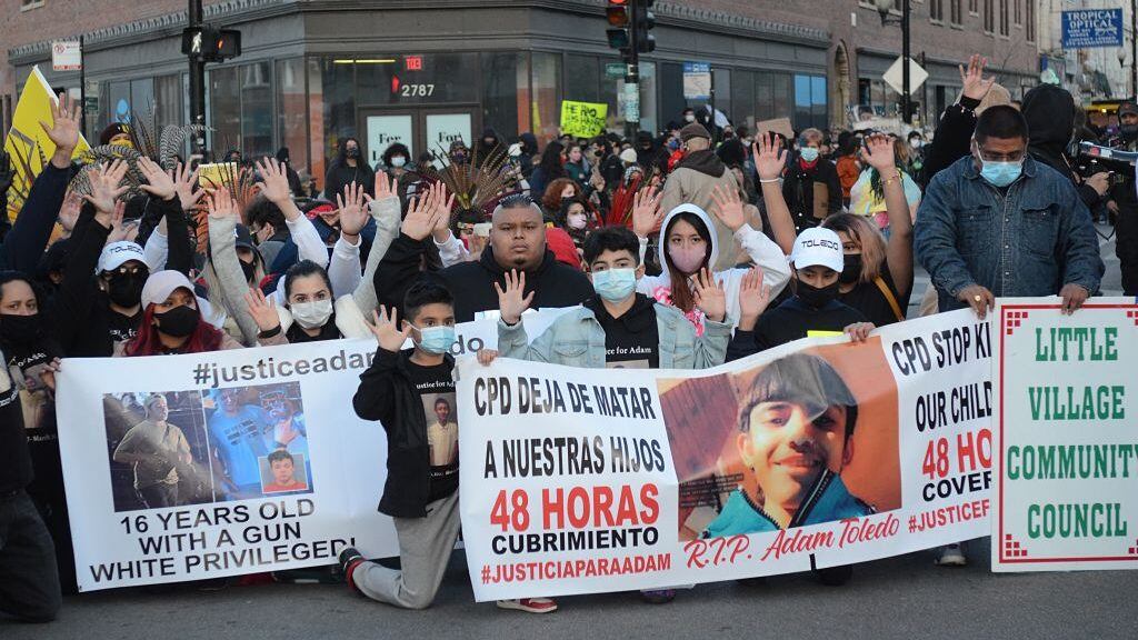 CHICAGO, USA - APRIL 16: Hundreds of protesters take streets for 13 years old Adam Toledo who was shot and killed by police in Chicago, United States on April 16, 2021 (Photo by Jacek Boczarski/Anadolu Agency via Getty Images)