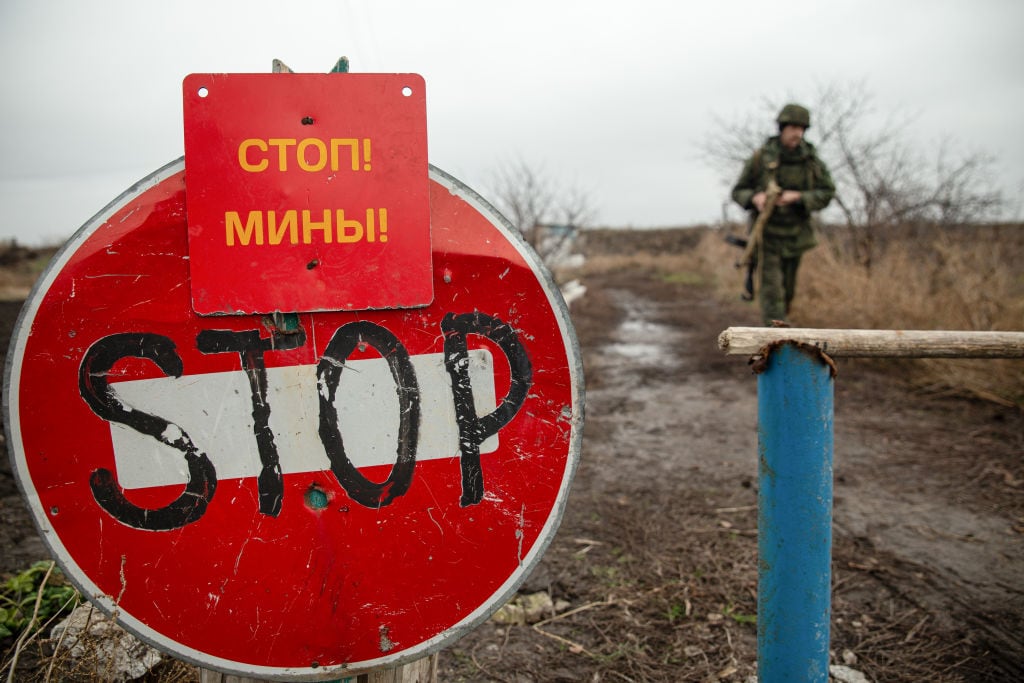 Agente de seguridad vigila un camino cerca de la frontera de Ucrania con Rusia