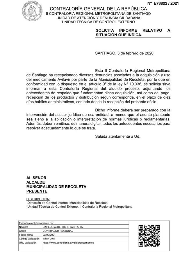Carta de Contraloría a la Municipalidad de Recoleta