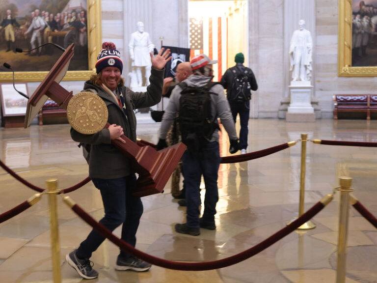 WASHINGTON, DC - JANUARY 06: Protesters enter the U.S. Capitol Building on January 06, 2021 in Washington, DC. Congress held a joint session today to ratify President-elect Joe Biden&#039;s 306-232 Electoral College win over President Donald Trump. A group of Republican senators said they would reject the Electoral College votes of several states unless Congress appointed a commission to audit the election results. (Photo by Win McNamee/Getty Images)