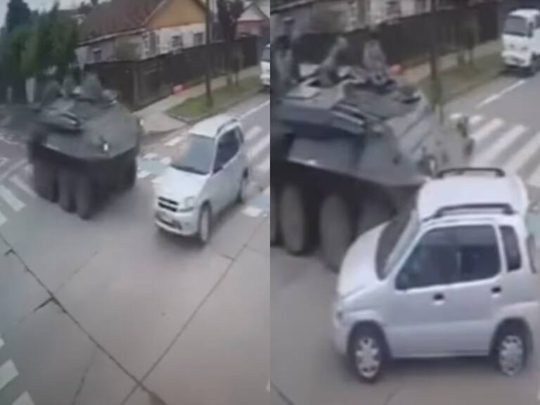 Cámaras de seguridad captan momento exacto en que tanqueta del Ejército chocó contra un auto en Mulchén