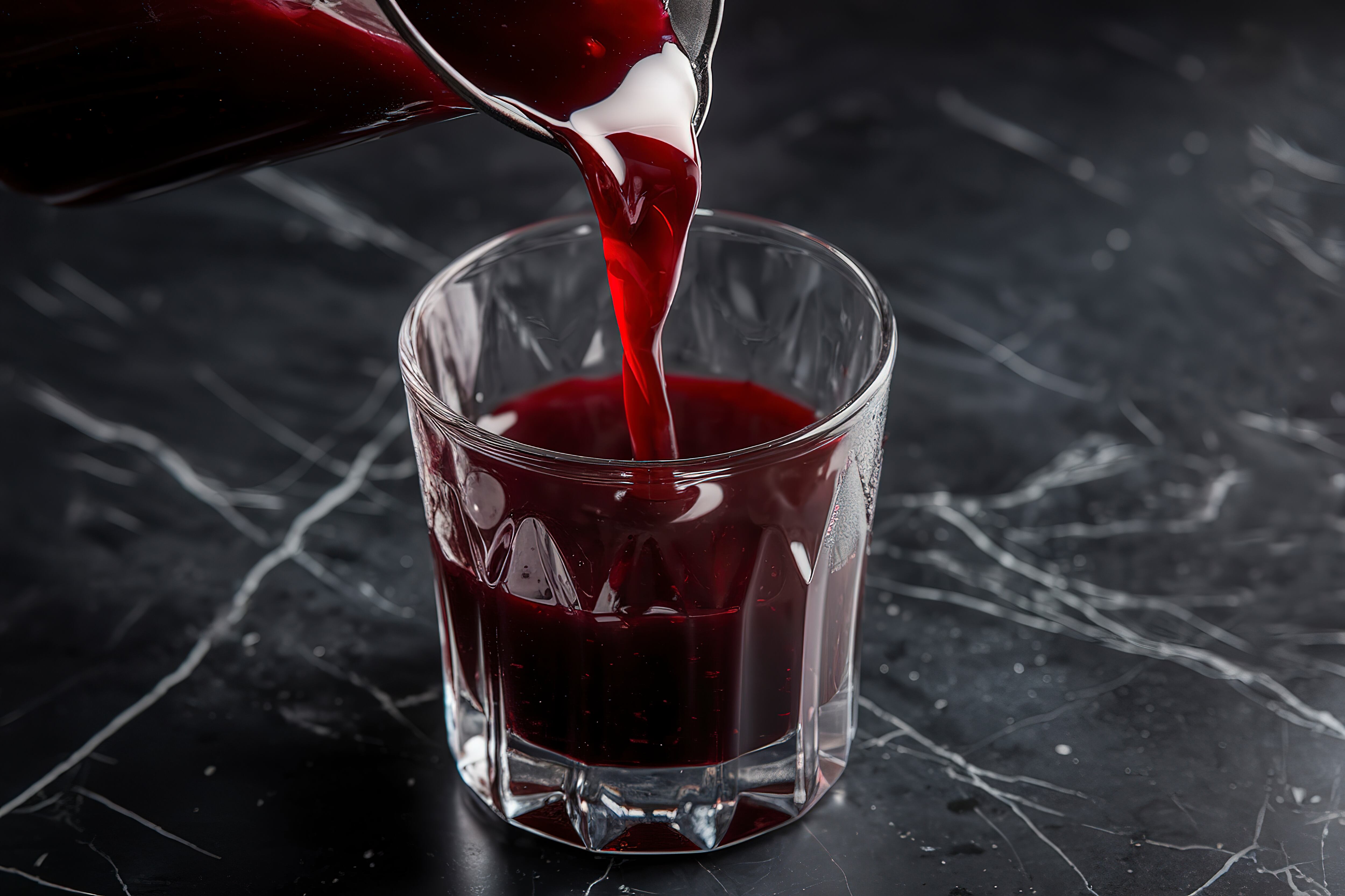 A photo of a glass filled with dark red cherry juice
