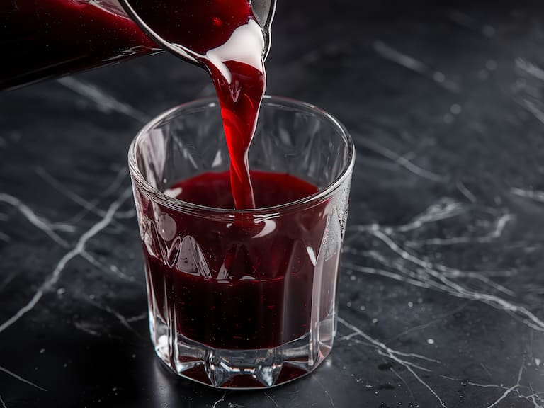 A photo of a glass filled with dark red cherry juice