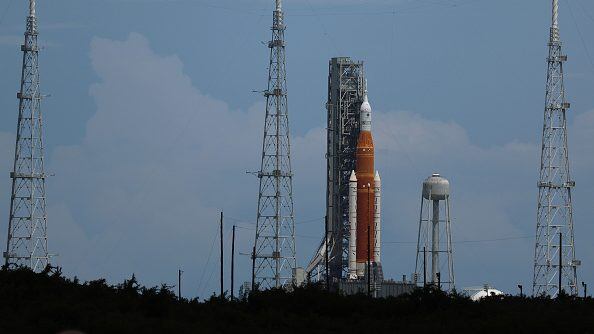 CAPE CANAVERAL, FLORIDA - AUGUST 28: The Artemis I rocket sits on launch pad 39-B at Kennedy Space Center as it is prepared for launch of an unmanned flight around the moon on August 28, 2022 in Cape Canaveral, Florida. The launch is scheduled for Monday between 8:33am and 10:33am and would be the furthest into space any unmanned vehicle intended for humans has ever traveled before. (Photo by Joe Raedle/Getty Images)