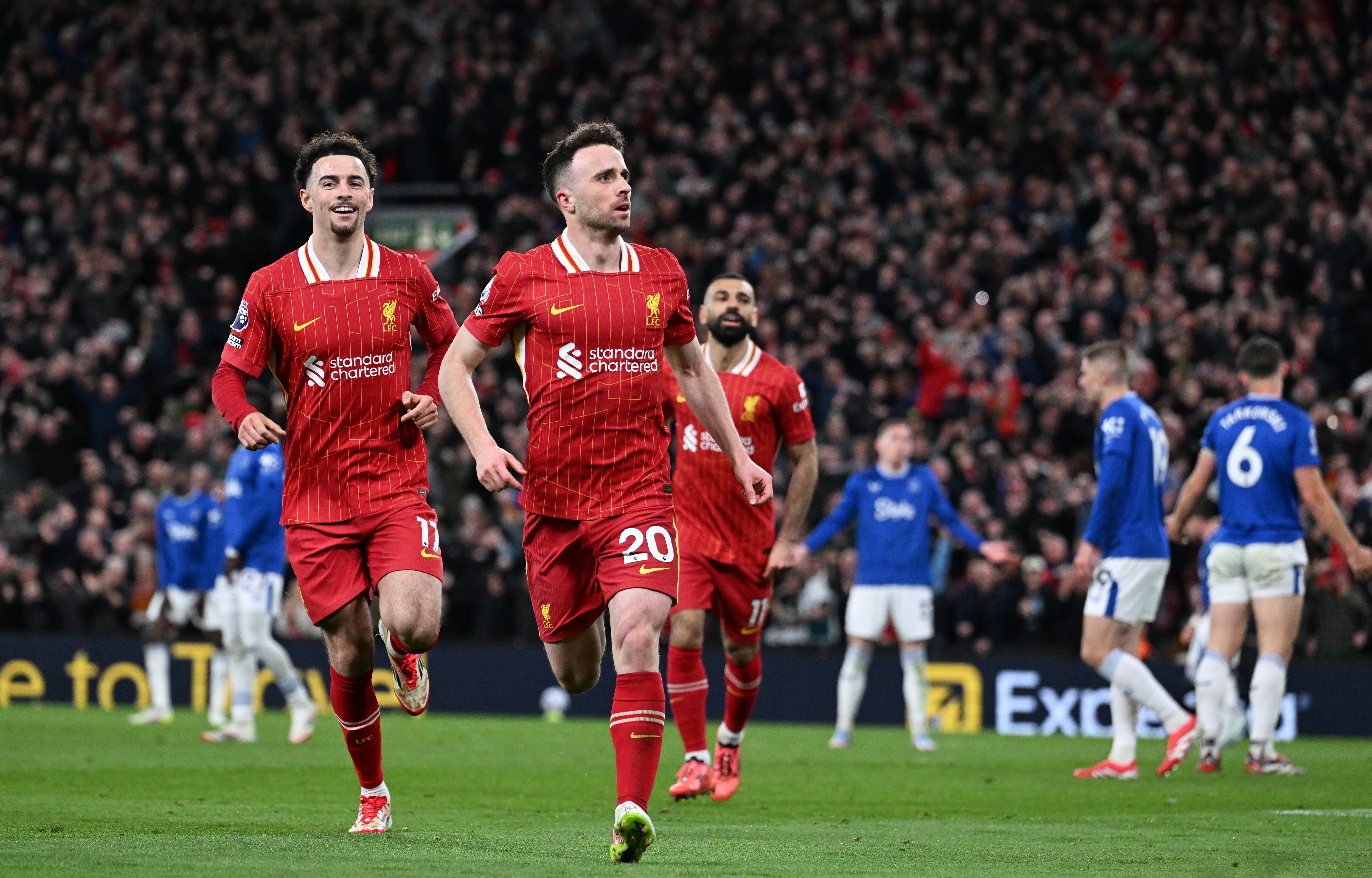 LIVERPOOL, ENGLAND - APRIL 02: (THE SUN OUT, THE SUN ON SUNDAY OUT) Diogo Jota of Liverpool celebrates scoring his team's first goal during the Premier League match between Liverpool FC and Everton FC at Anfield on April 02, 2025 in Liverpool, England. (Photo by Liverpool FC/Liverpool FC via Getty Images)