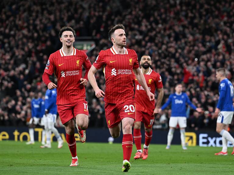 LIVERPOOL, ENGLAND - APRIL 02: (THE SUN OUT, THE SUN ON SUNDAY OUT) Diogo Jota of Liverpool celebrates scoring his team's first goal during the Premier League match between Liverpool FC and Everton FC at Anfield on April 02, 2025 in Liverpool, England. (Photo by Liverpool FC/Liverpool FC via Getty Images)
