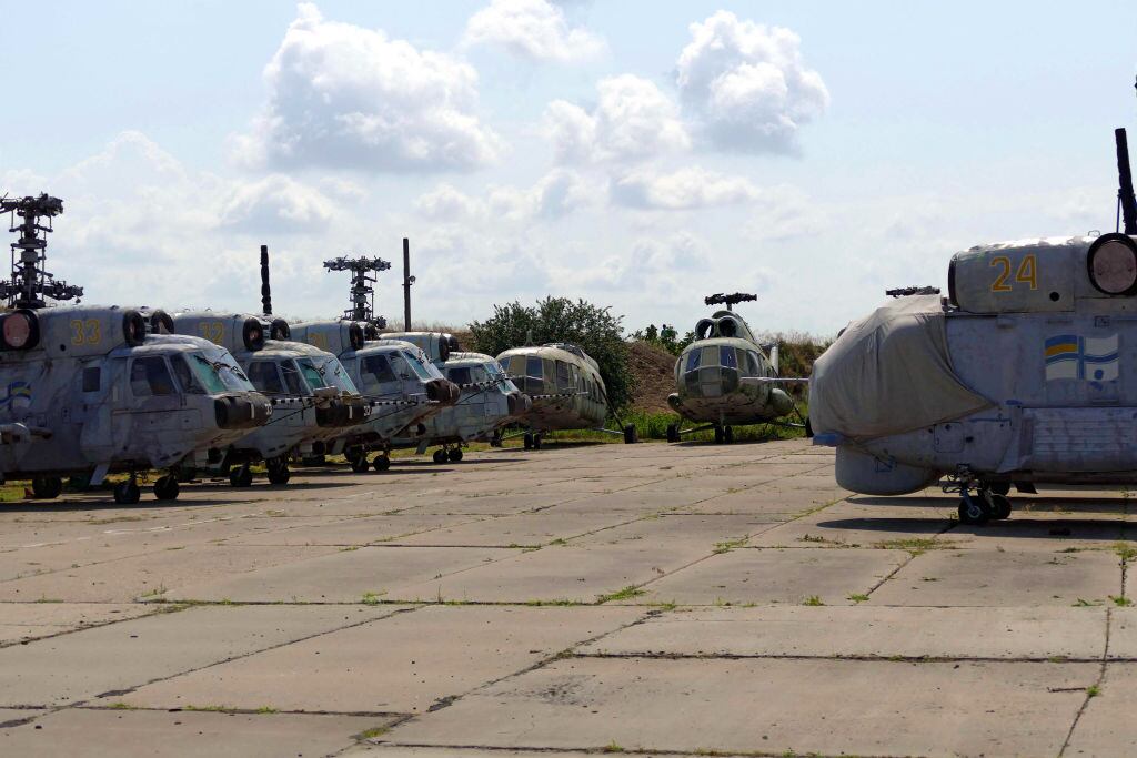 MYKOLAYIV, UKRAINE - JUNE 30, 2021 - War equipment is seen in the cemetery of military helicopters at the Kylbakyne airfield, Mykolayiv, southern Ukraine (Photo credit should read Yulii Zozulia/ Ukrinform/Future Publishing via Getty Images)