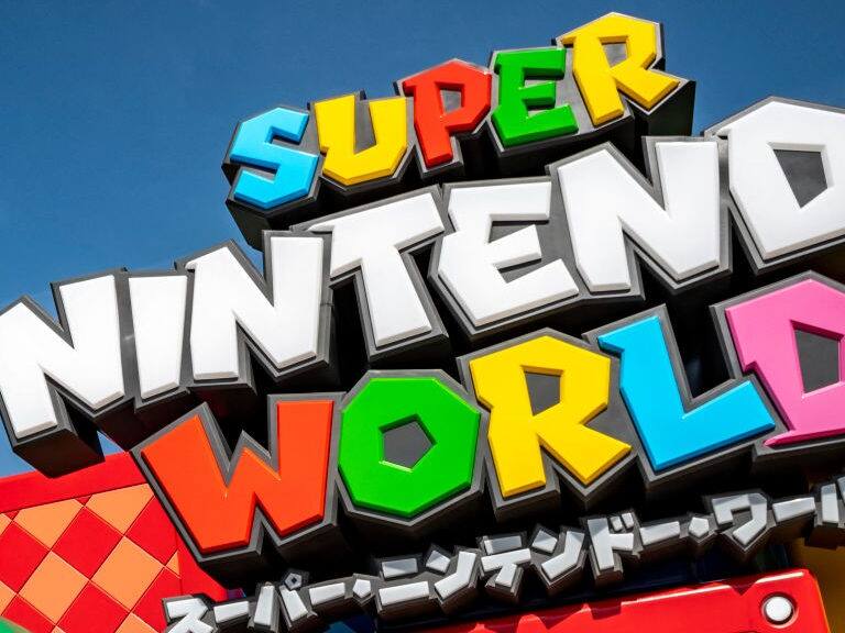 This picture taken on March 17, 2021, shows a logo of the Super Nintendo World during a media preview at Universal Studios Japan in Osaka. (Photo by Philip FONG / AFP) (Photo by PHILIP FONG/AFP via Getty Images)