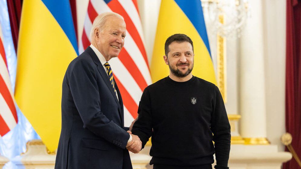 KYIV, UKRAINE - FEBRUARY 20: (----EDITORIAL USE ONLY â MANDATORY CREDIT - 'UKRAINIAN PRESIDENCY / HANDOUT' - NO MARKETING NO ADVERTISING CAMPAIGNS - DISTRIBUTED AS A SERVICE TO CLIENTS----) U.S. President Joe Biden meets Ukrainian President Volodymyr Zelenskyy ahead of anniversary of Russia-Ukraine war in Kyiv, Ukraine on February 20, 2023. (Photo by UKRAINIAN PRESIDENCY/Anadolu Agency via Getty Images)