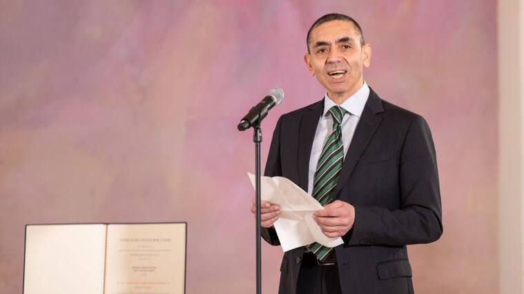 BERLIN, GERMANY - MARCH 19: Ugur Sahin, Co-founder of Biontech SE, makes a speech after receiving the Federal Order Of Merit from President Frank-Walter Steinmeier at Schloss Bellevue on March 19, 2021 in Berlin, Germany. (Photo by Andreas Gora - Pool/Getty Images)