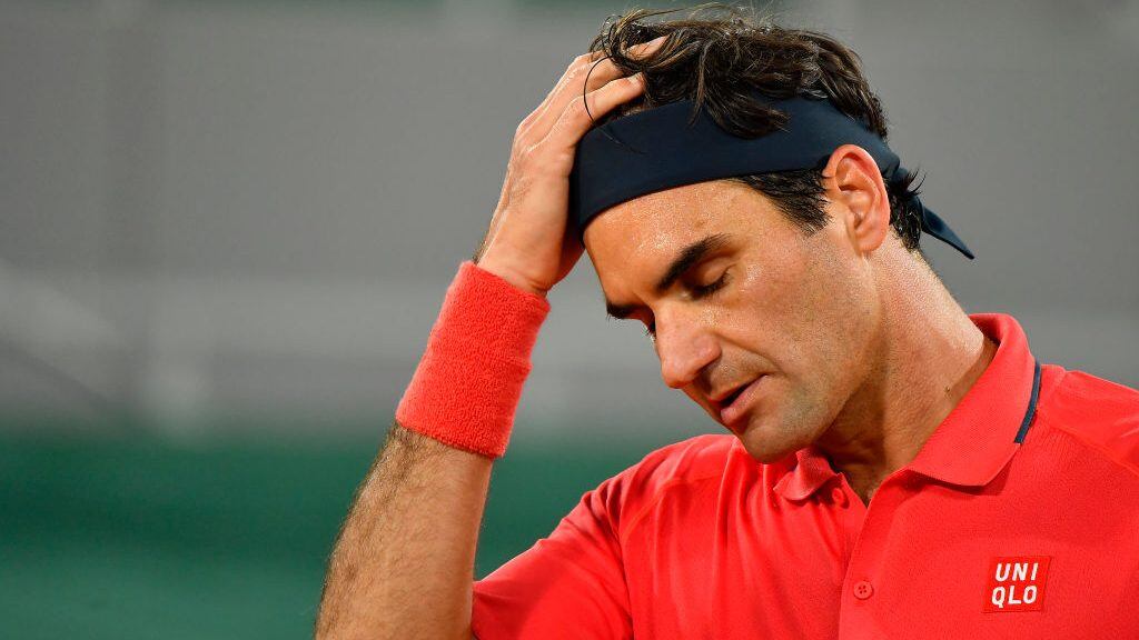 PARIS, FRANCE - JUNE 05: Roger Federer of Switzerland reacts during his Men's Singles third round match against Dominik Koepfer of Germany on day seven of the 2021 French Open at Roland Garros on June 05, 2021 in Paris, France. (Photo by Aurelien Meunier/Getty Images)