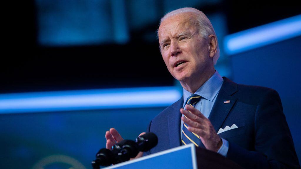 WILMINGTON, DE - DECEMBER 28: President-elect Joe Biden delivers remarks at the Queen Theater on December 28, 2020 in Wilmington, Delaware.  Biden will be inaugurated as the 46th president in a scaled-down ceremony in Washington D.C. due to the coronavirus (COVID-19) pandemic on January 20, 2021.  (Photo by Mark Makela/Getty Images)