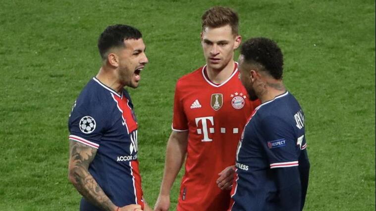 PARIS, FRANCE - APRIL 13: Leandro Paredes and Neymar Jr of Paris Saint-Germain celebrate the victory and Joshua Kimmich of FC Bayern Munich is dissapointed after the UEFA Champions League Quarter Final Second Leg match between Paris Saint-Germain and FC Bayern Munich at Parc des Princes on April 13, 2021 in Paris, France. (Photo by Xavier Laine/Getty Images)